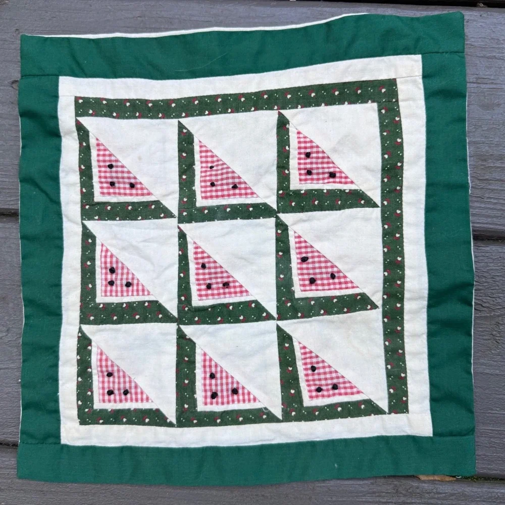 9.a.9 Vtg Handmade Watermelon Quilt Block Mini Quilt Table Mat 11x11 Patchwork